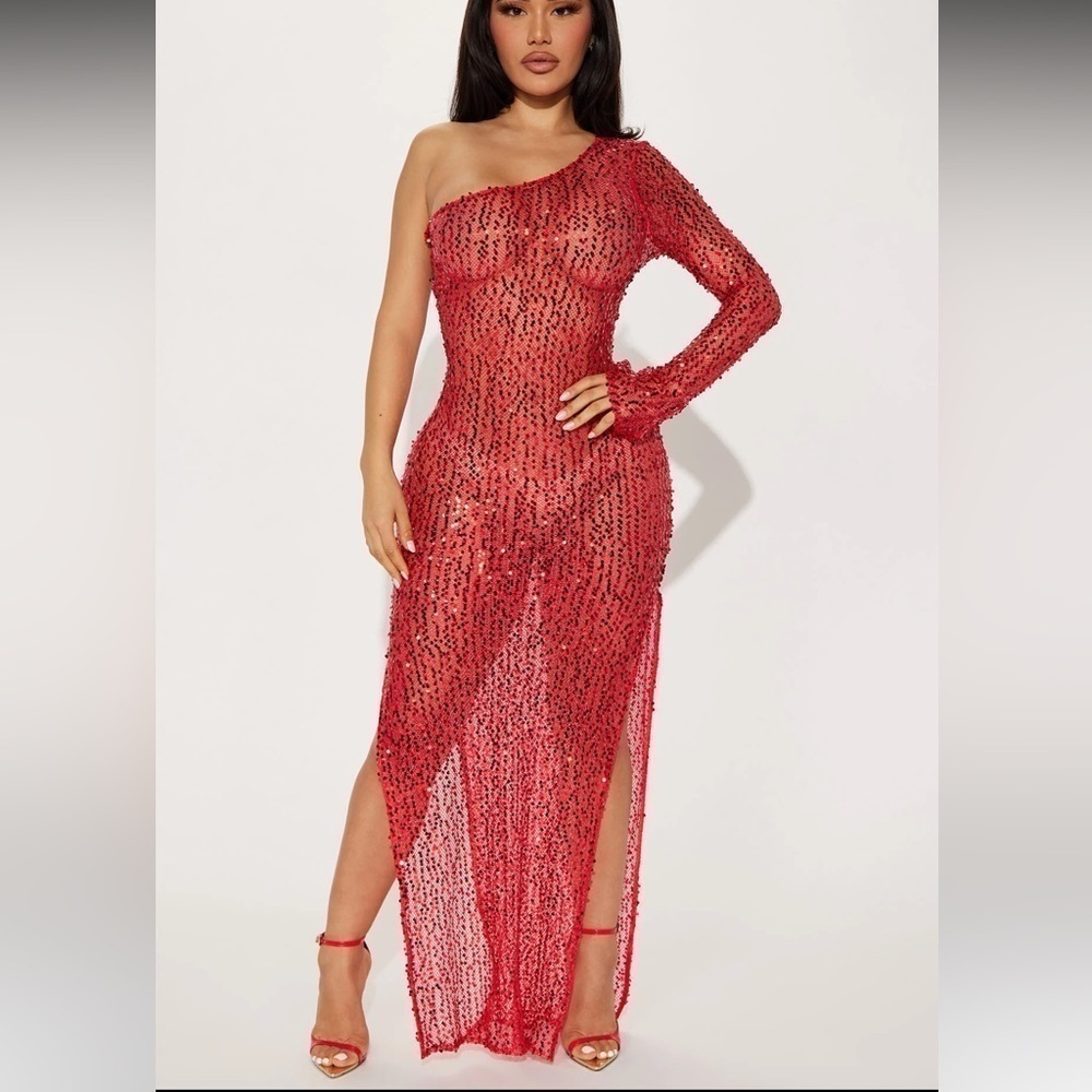 Fashion Nova/ Red Sheer Crochet and Sequin One Sleeve Maxi Dress/ Size M